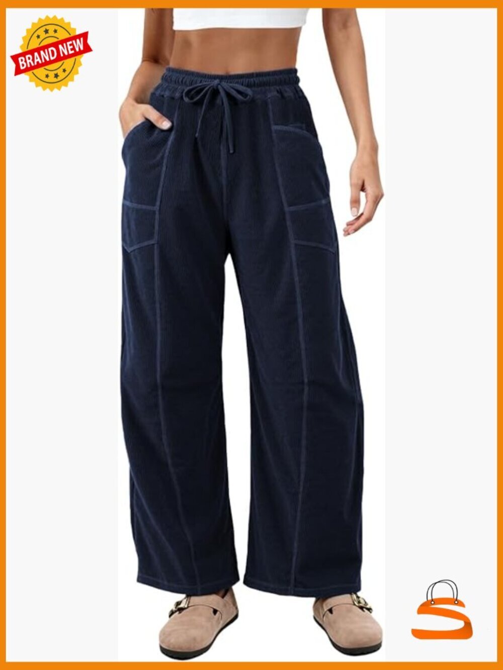 Womens Corduroy Barrel Pants Drawstring Waist Wide Leg Palazzo Trousers Pockets